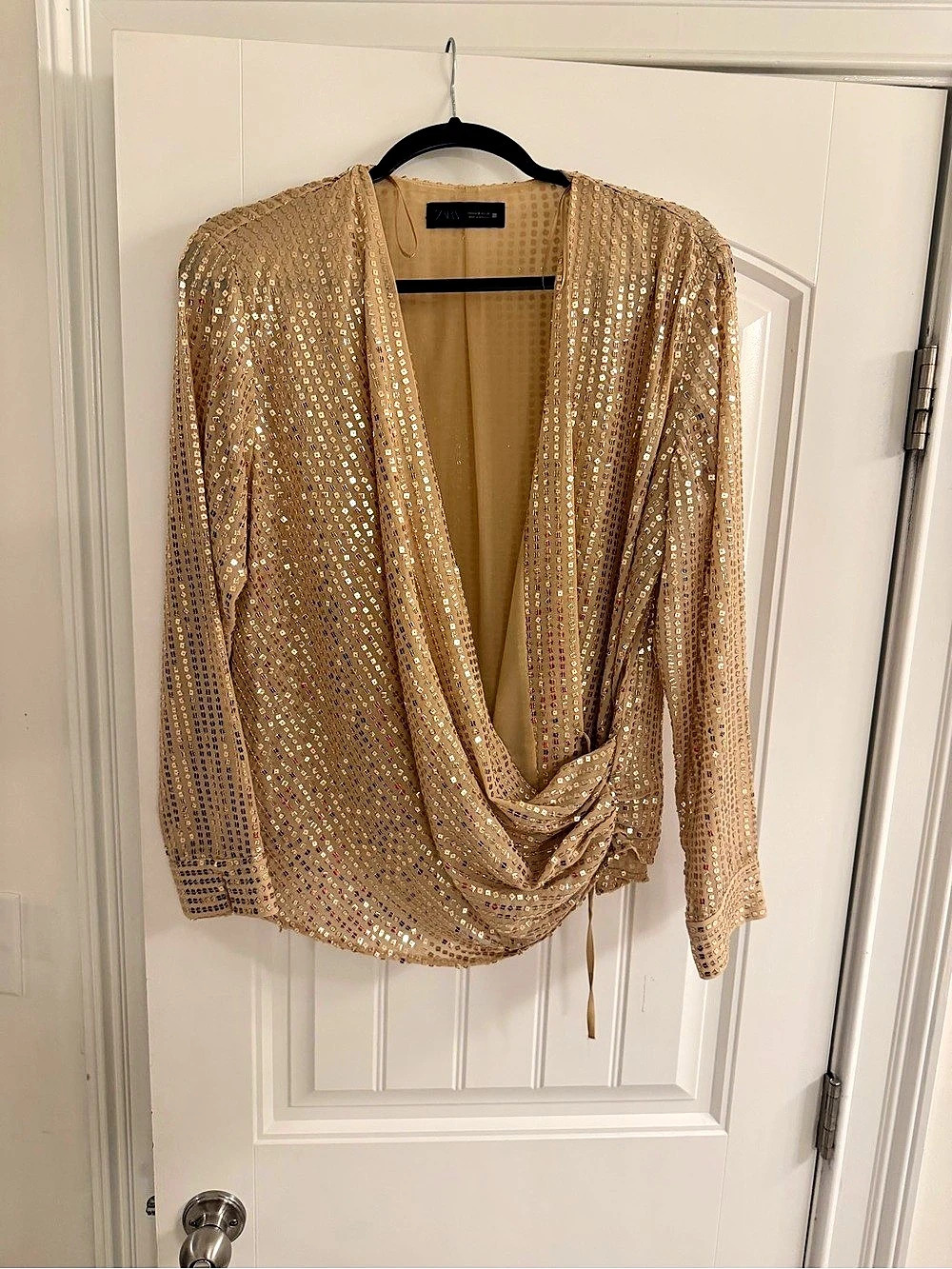 Zara Sequin V-Neck Wrap Blouse Gold Size Medium